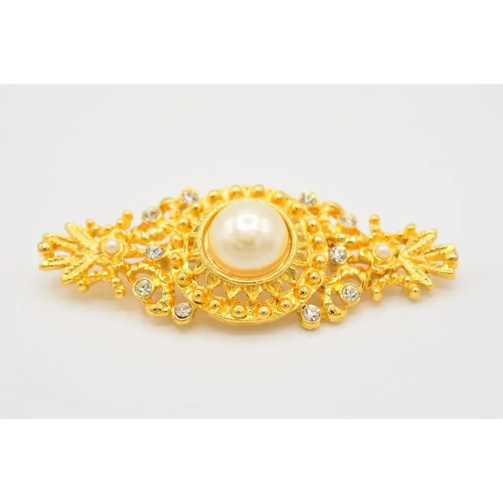 Vintage Pin Brooch Brushed Gold White Pearl Bar Rhinestone Crystal 1980s BinAL